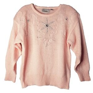 Andene Women's Sweater LARGE Pink Rhinestone Pearl Beads Vintage 80s Valentines